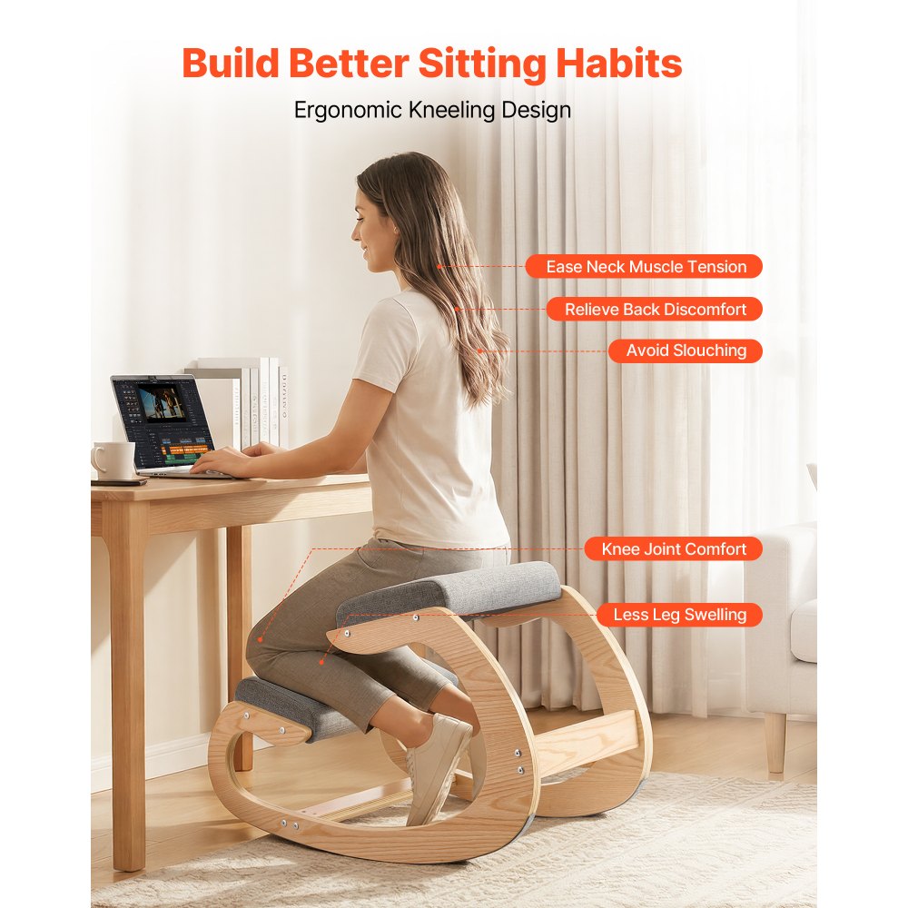 VEVOR Ergonomic Kneeling Chair, Wooden Posture Knee Chair with Thick Foam Cushions and Solid Wood Frame, Adjustable Height, Natural Relief for Neck or Back Pain for Home, Office or Meditation, Gray