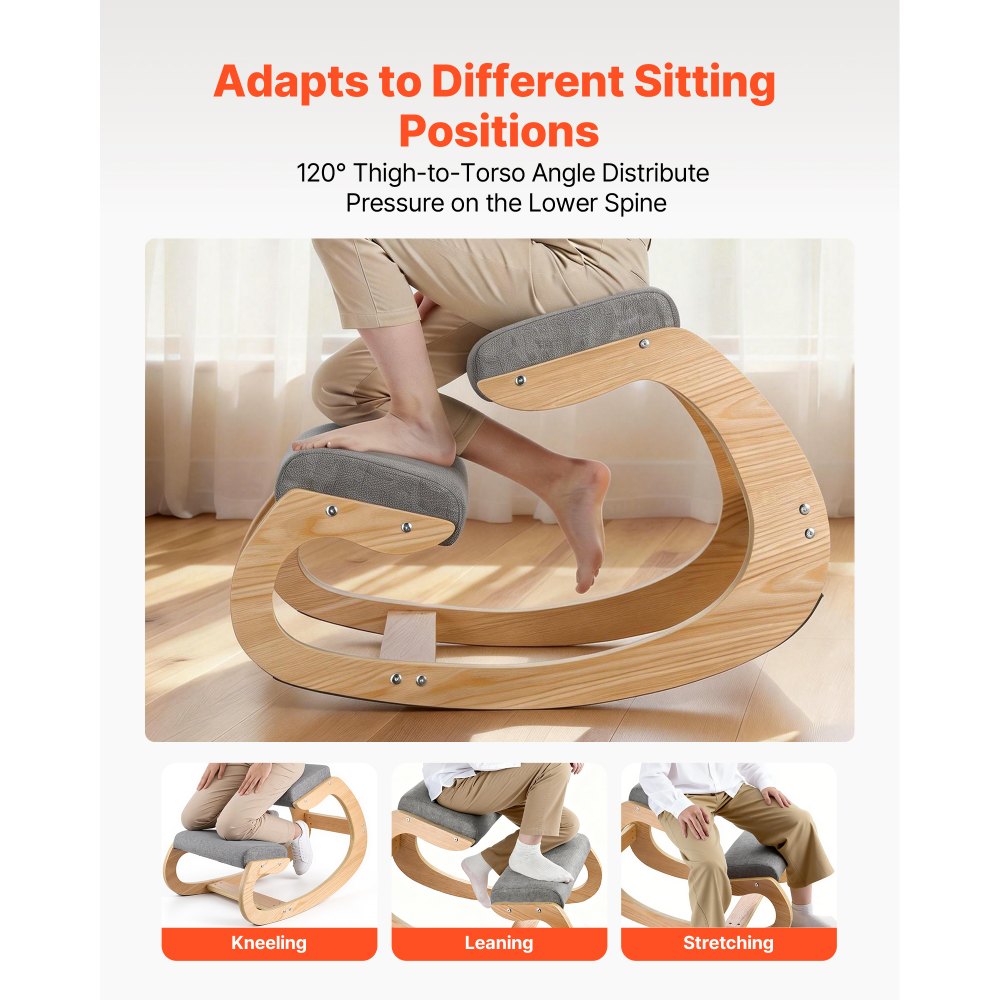 VEVOR Ergonomic Kneeling Chair, Wooden Posture Knee Chair with Thick Foam Cushions and Solid Wood Frame, Adjustable Height, Natural Relief for Neck or Back Pain for Home, Office or Meditation, Gray