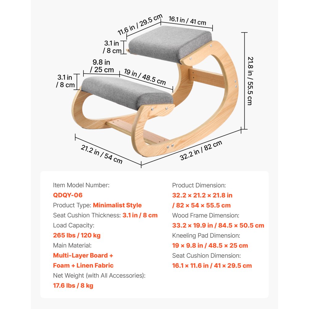 VEVOR Ergonomic Kneeling Chair, Wooden Posture Knee Chair with Thick Foam Cushions and Solid Wood Frame, Adjustable Height, Natural Relief for Neck or Back Pain for Home, Office or Meditation, Gray