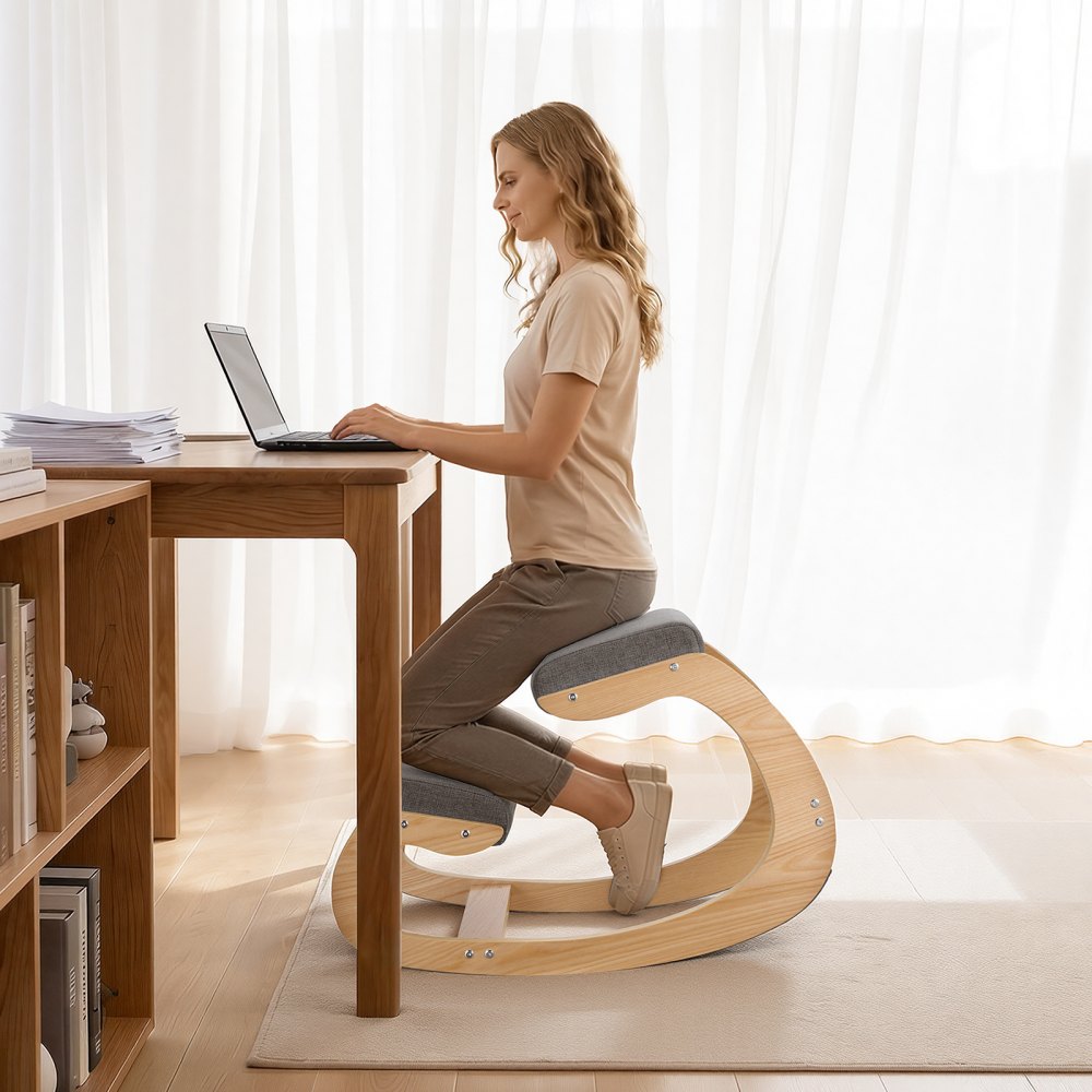 VEVOR Ergonomic Kneeling Chair, Wooden Posture Knee Chair with Thick Foam Cushions and Solid Wood Frame, Adjustable Height, Natural Relief for Neck or Back Pain for Home, Office or Meditation, Gray