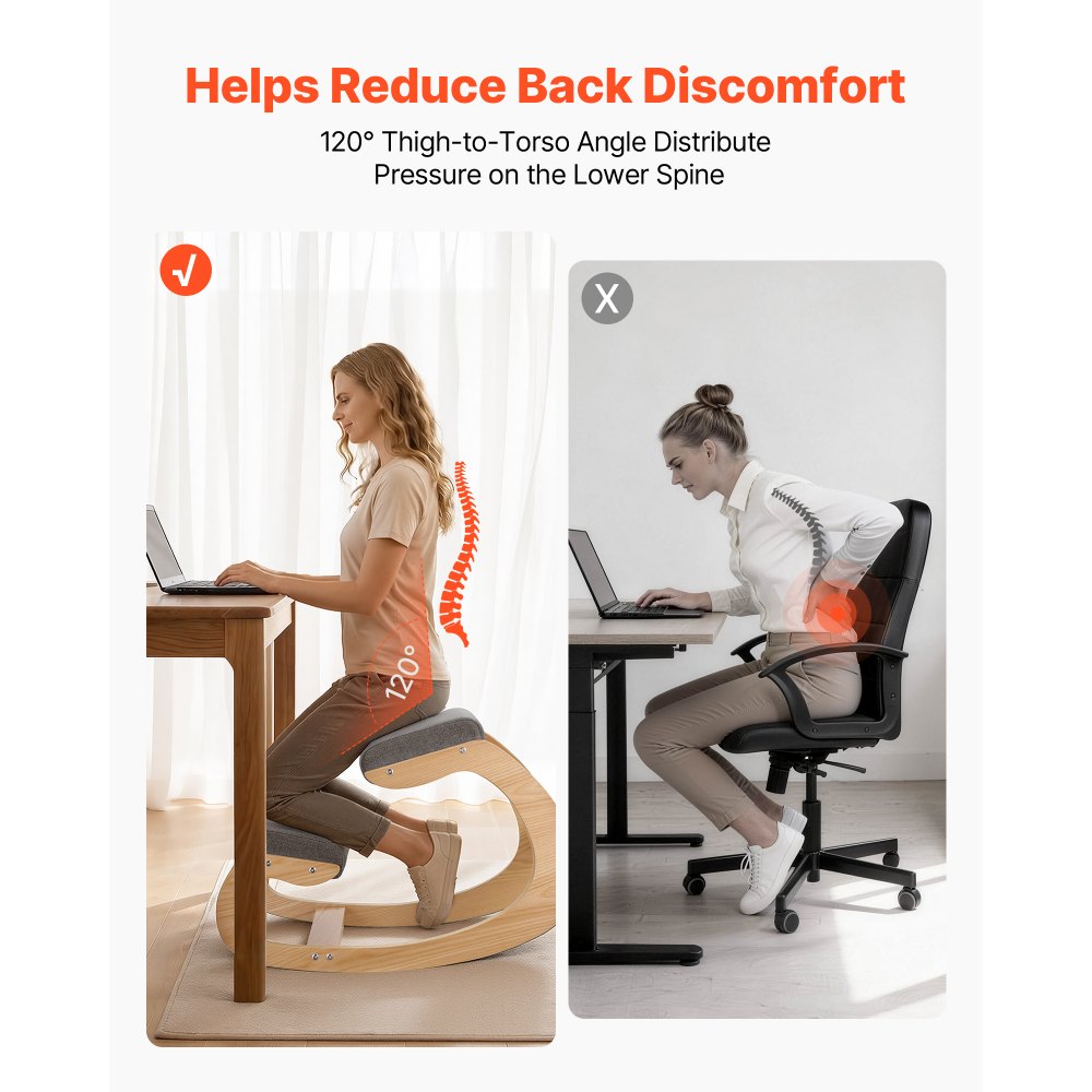 VEVOR Ergonomic Kneeling Chair, Wooden Posture Knee Chair with Thick Foam Cushions and Solid Wood Frame, Adjustable Height, Natural Relief for Neck or Back Pain for Home, Office or Meditation, Gray