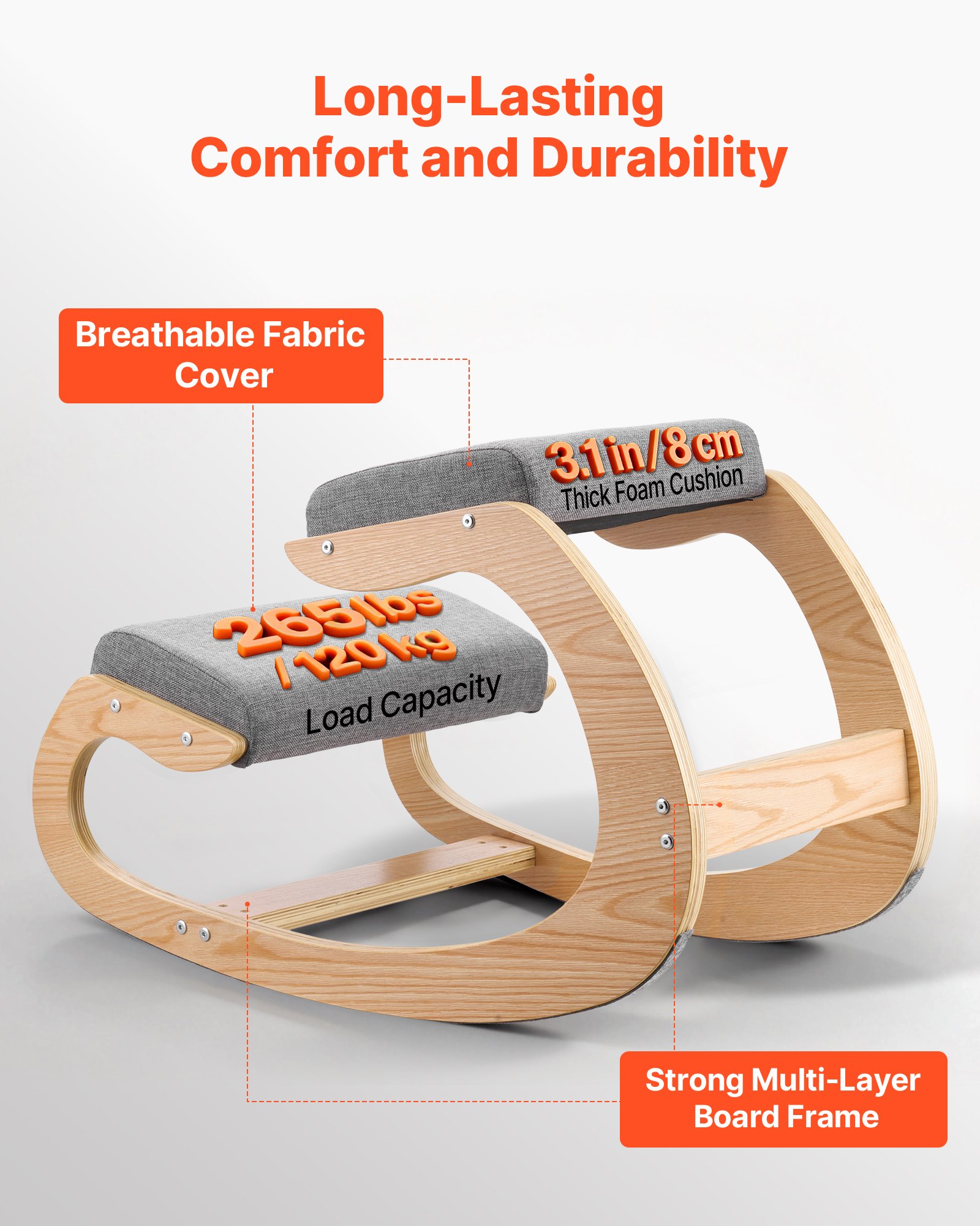 VEVOR Ergonomic Kneeling Chair, Wooden Posture Knee Chair with Thick Foam Cushions and Solid Wood Frame, Adjustable Height, Natural Relief for Neck or Back Pain for Home, Office or Meditation, Gray