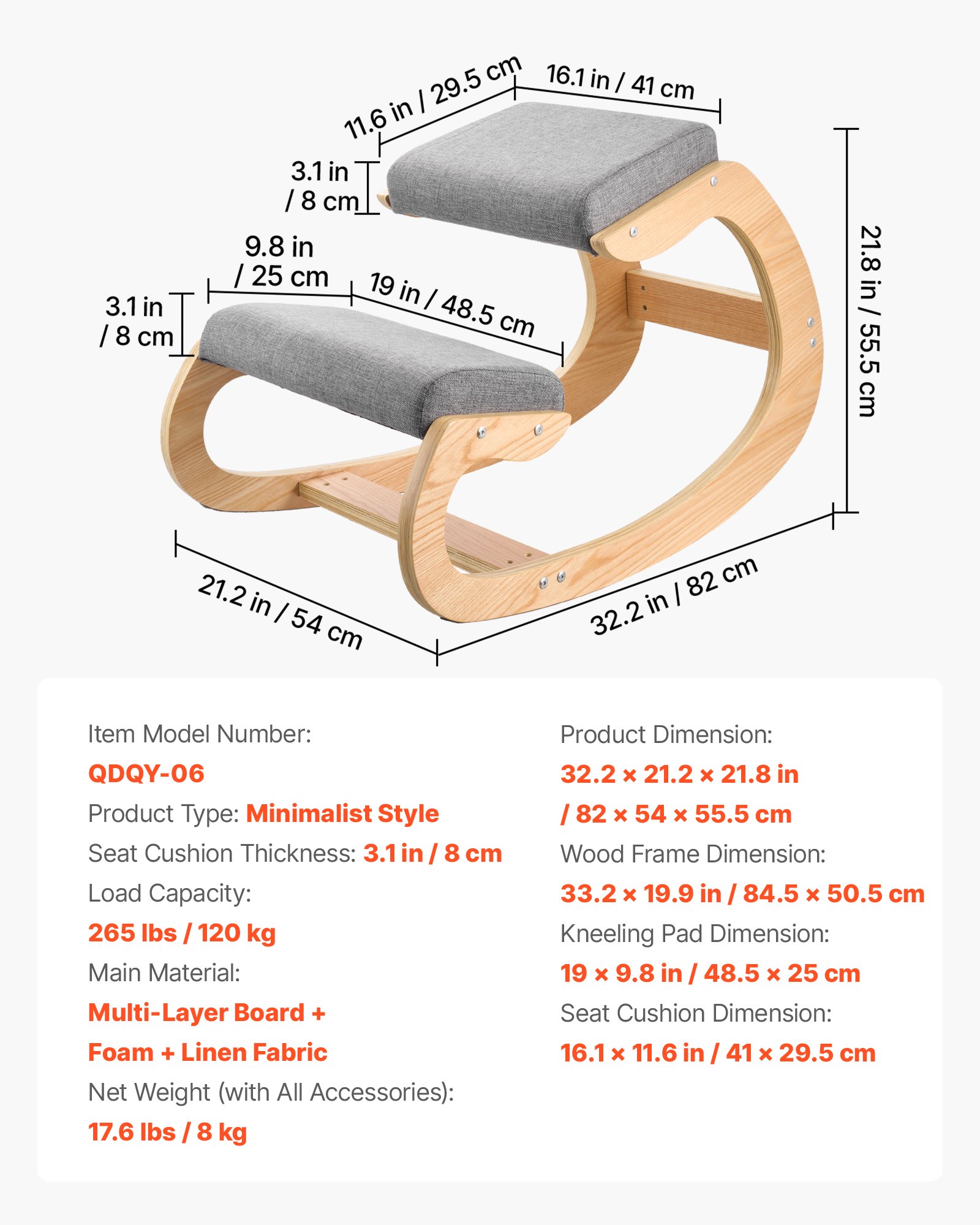 VEVOR Ergonomic Kneeling Chair, Wooden Posture Knee Chair with Thick Foam Cushions and Solid Wood Frame, Adjustable Height, Natural Relief for Neck or Back Pain for Home, Office or Meditation, Gray