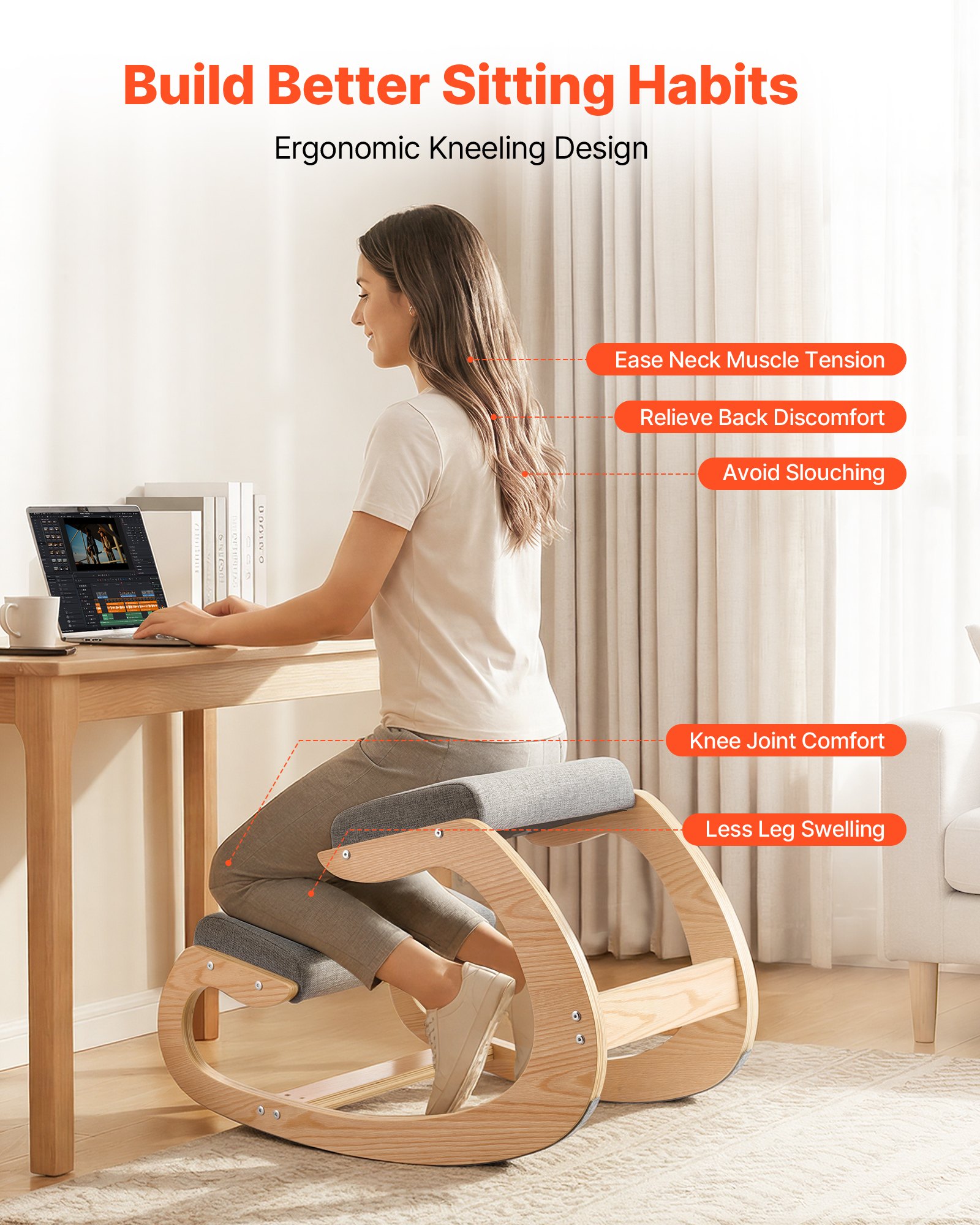 VEVOR Ergonomic Kneeling Chair, Wooden Posture Knee Chair with Thick Foam Cushions and Solid Wood Frame, Adjustable Height, Natural Relief for Neck or Back Pain for Home, Office or Meditation, Gray