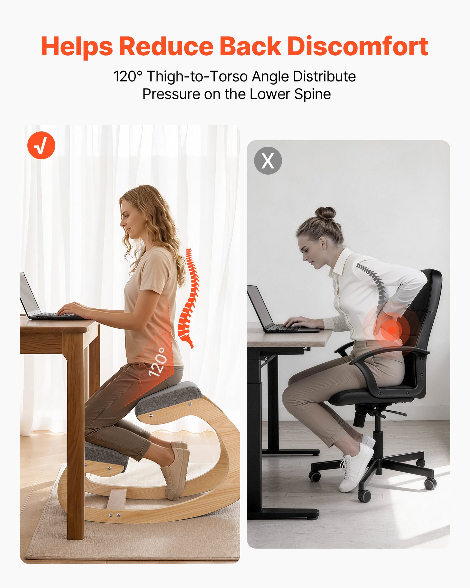 VEVOR Ergonomic Kneeling Chair, Wooden Posture Knee Chair with Thick Foam Cushions and Solid Wood Frame, Adjustable Height, Natural Relief for Neck or Back Pain for Home, Office or Meditation, Gray