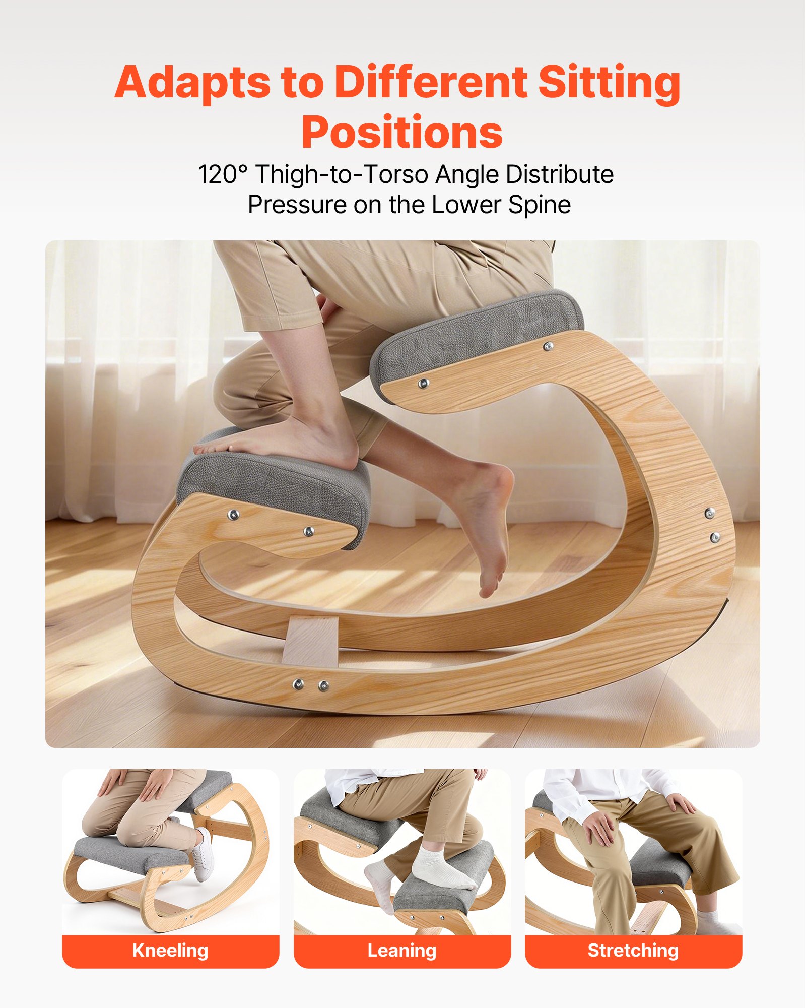 VEVOR Ergonomic Kneeling Chair, Wooden Posture Knee Chair with Thick Foam Cushions and Solid Wood Frame, Adjustable Height, Natural Relief for Neck or Back Pain for Home, Office or Meditation, Gray