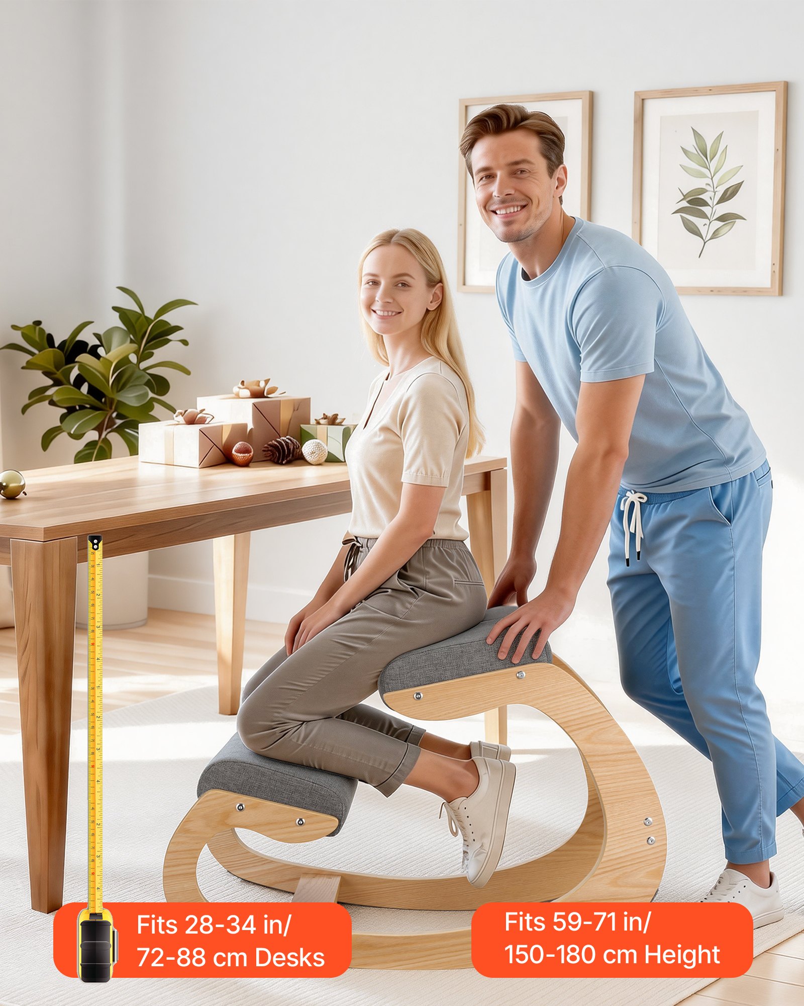 VEVOR Ergonomic Kneeling Chair, Wooden Posture Knee Chair with Thick Foam Cushions and Solid Wood Frame, Adjustable Height, Natural Relief for Neck or Back Pain for Home, Office or Meditation, Gray