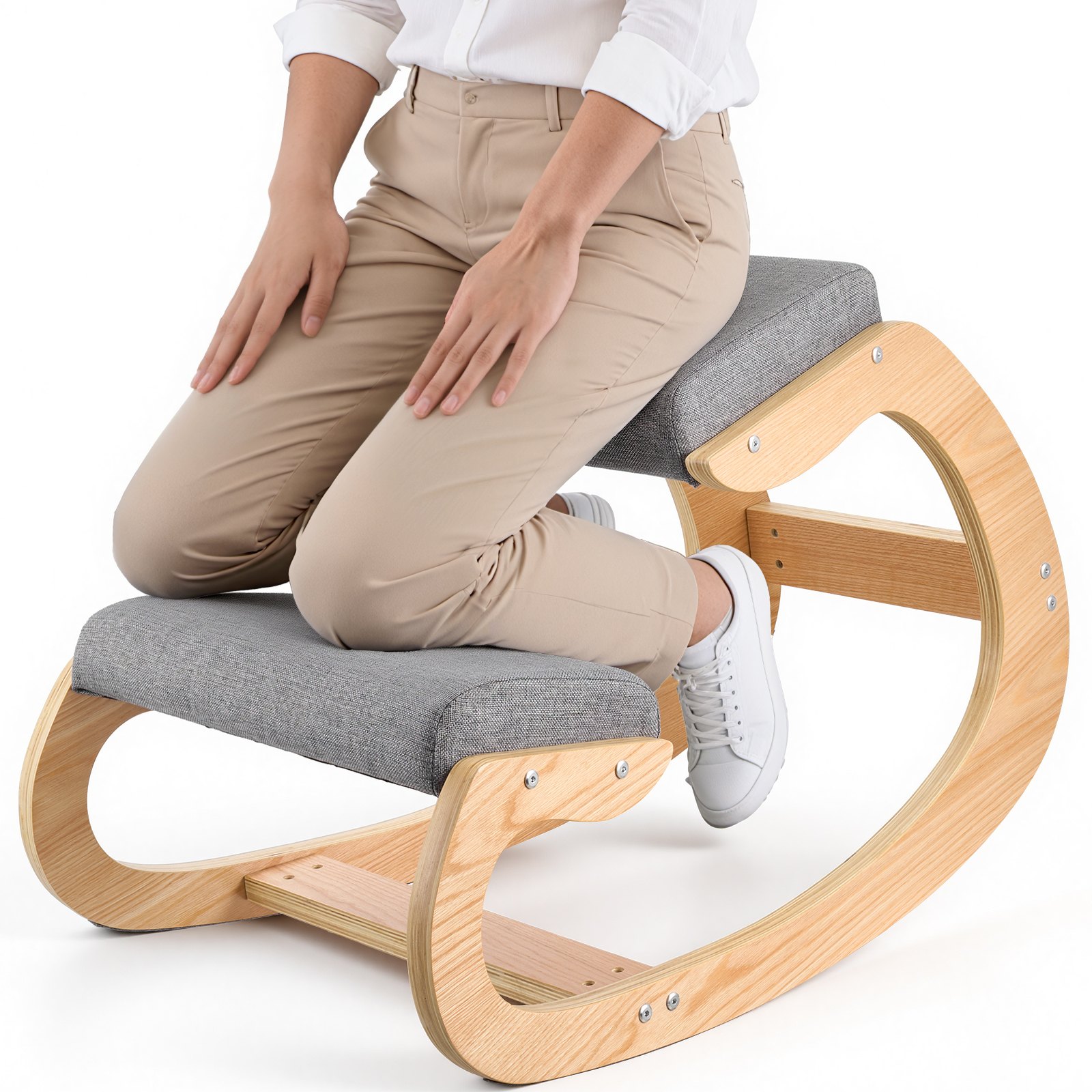 VEVOR Ergonomic Kneeling Chair, Wooden Posture Knee Chair with Thick Foam Cushions and Solid Wood Frame, Adjustable Height, Natural Relief for Neck or Back Pain for Home, Office or Meditation, Gray