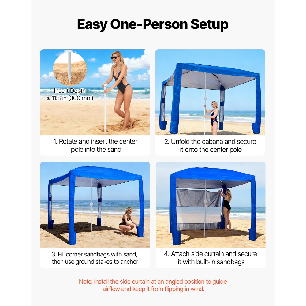 VEVOR Beach Cabana, 2.4 x 2.4 m Beach Canopy with Side Wall, UPF 50+ Protection Easy Setup Cabana Tent with Sand Pockets, Adjustable Height Portable Shade Sun Shelter Umbrella for Family Friends, Blue