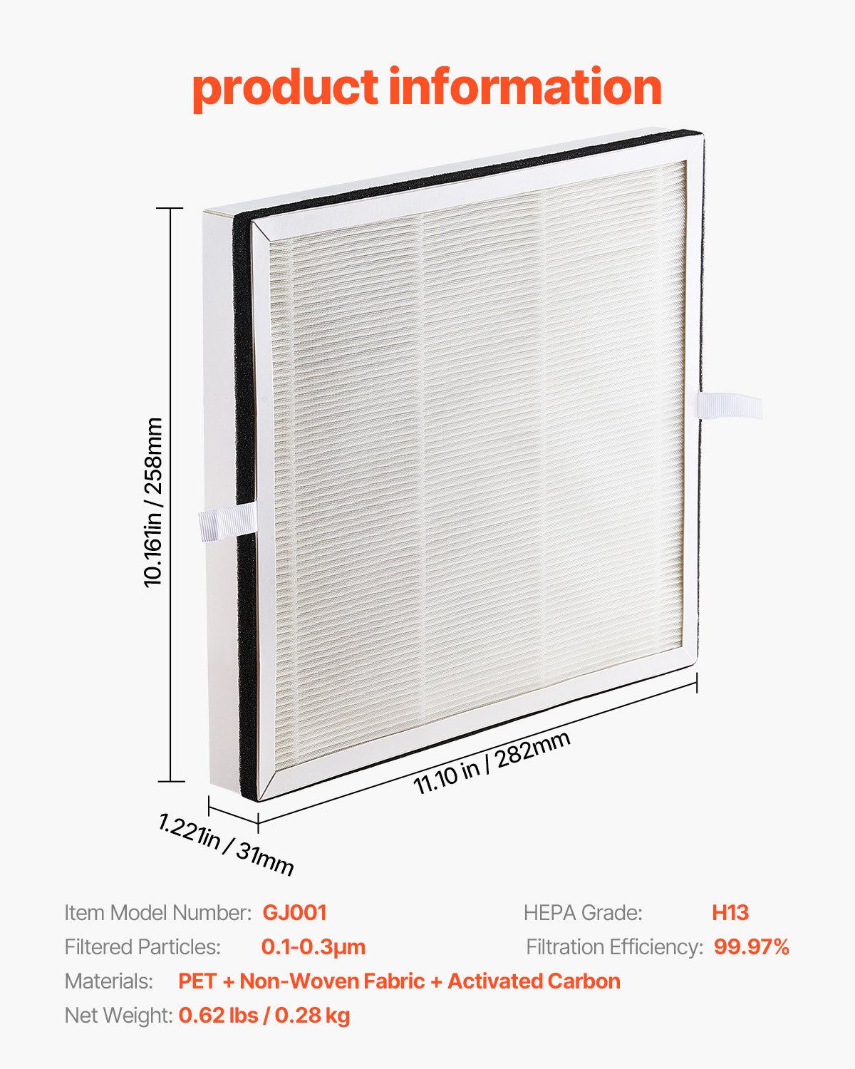 VEVOR Air Purifier Replacement Filter, H13, 3-in-1 Compact & Lightweight Replacement Filter with Sturdy PET Pre-Filter, Easy-to-Grab Purifier Filter with Activated Carbon, Fit for Square Purifier