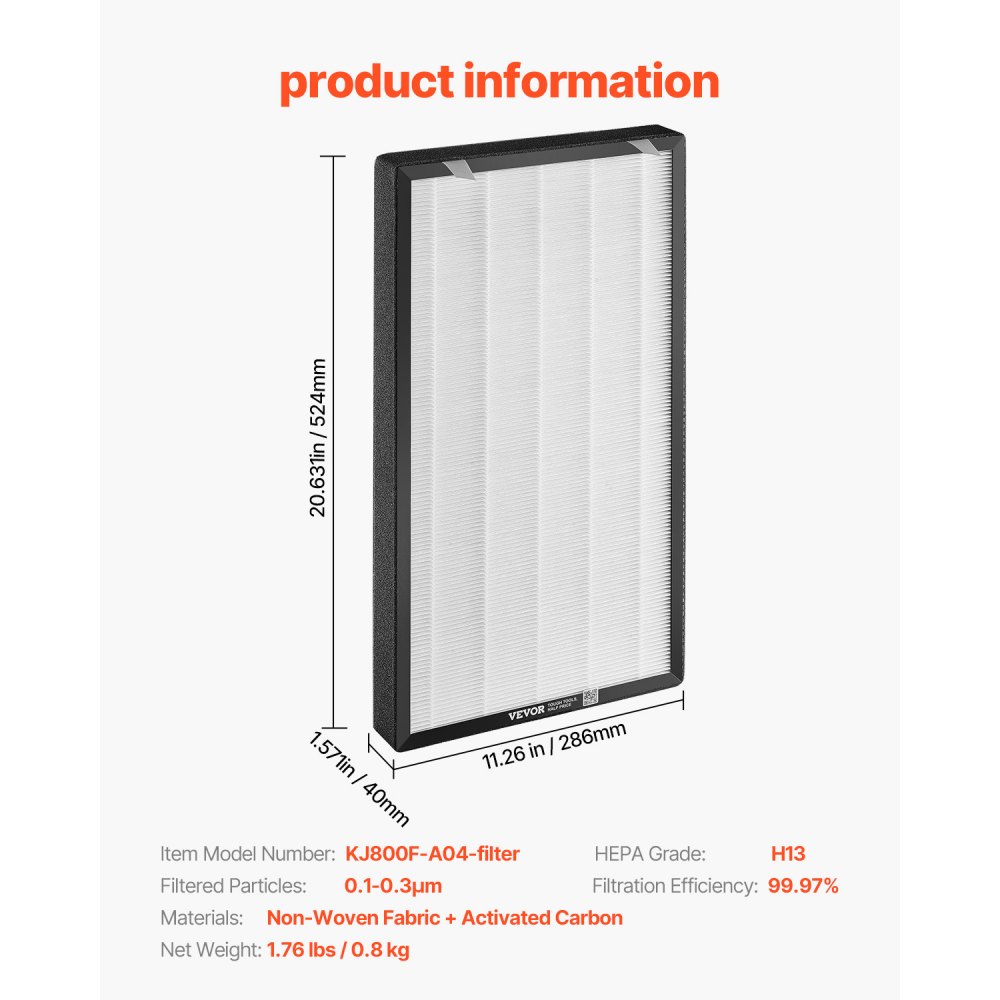 VEVOR Air Purifier Replacement Filter, H13, 2-in-1 Compact & Lightweight Replacement Filter with Non-Woven Fabric, Easy-to-Install Purifier Filter with Activated Carbon, Fit for Square Purifier