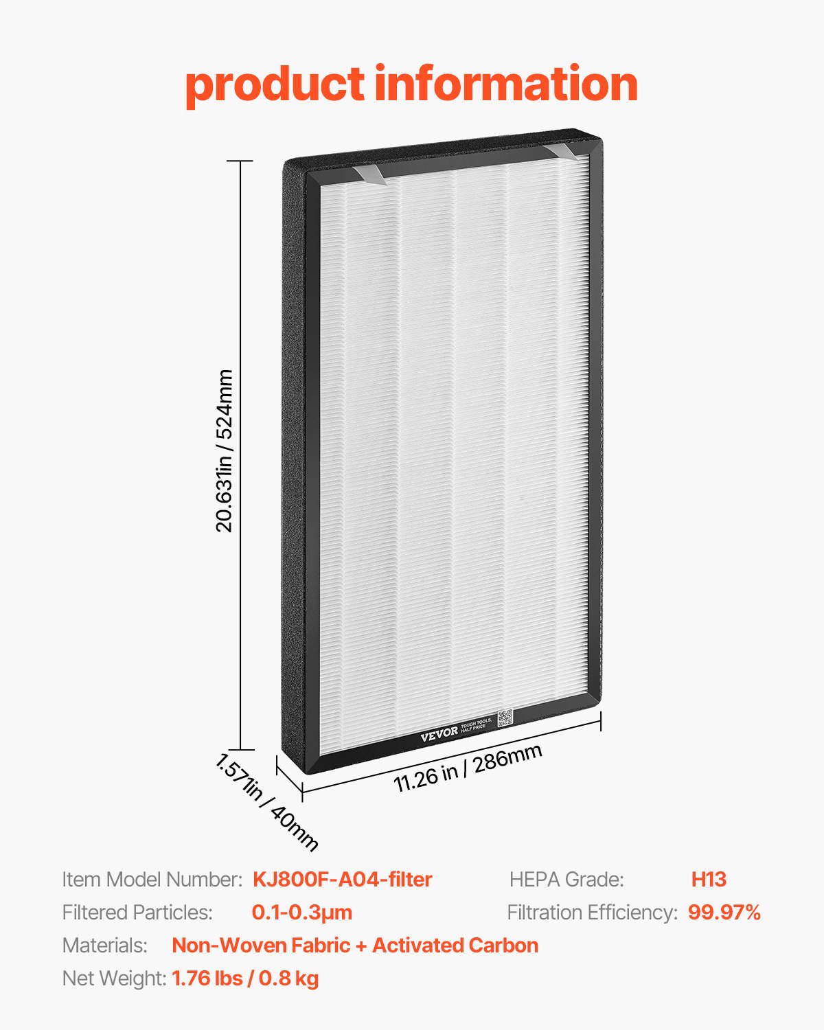 VEVOR Air Purifier Replacement Filter, H13, 2-in-1 Compact & Lightweight Replacement Filter with Non-Woven Fabric, Easy-to-Install Purifier Filter with Activated Carbon, Fit for Square Purifier