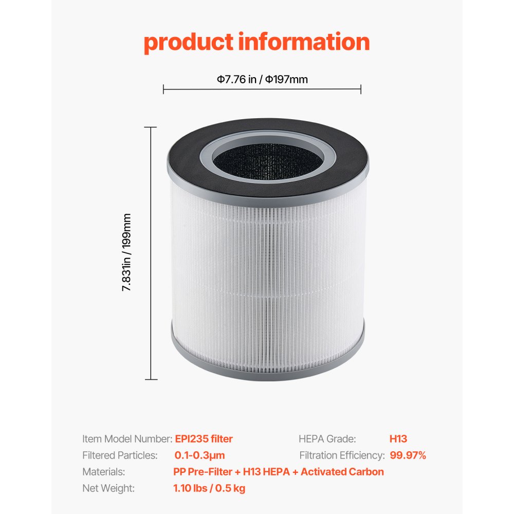 VEVOR Air Purifier Replacement Filter, H13, 3-in-1 Compact & Lightweight Replacement Filter with PP Pre-Filter, Easy-to-Grab Purifier Filter with Activated Carbon, Fit for Cylindrical Purifier