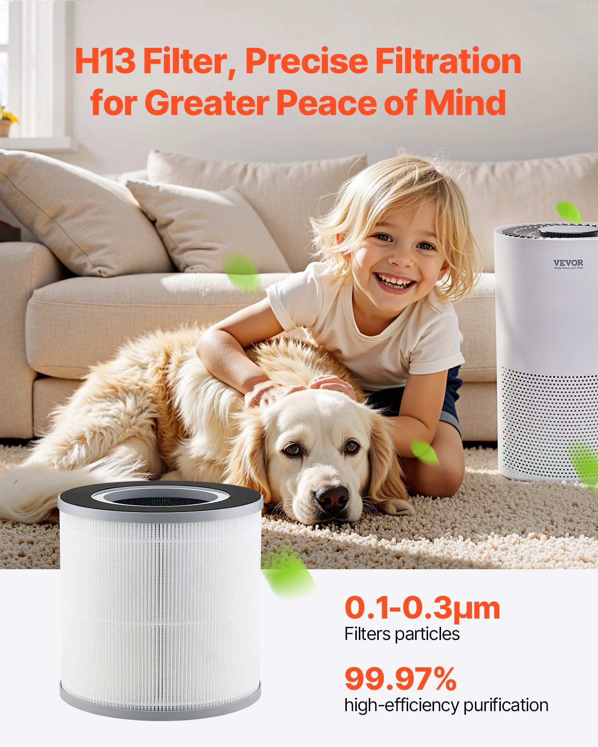 VEVOR Air Purifier Replacement Filter, H13, 3-in-1 Compact & Lightweight Replacement Filter with PP Pre-Filter, Easy-to-Grab Purifier Filter with Activated Carbon, Fit for Cylindrical Purifier