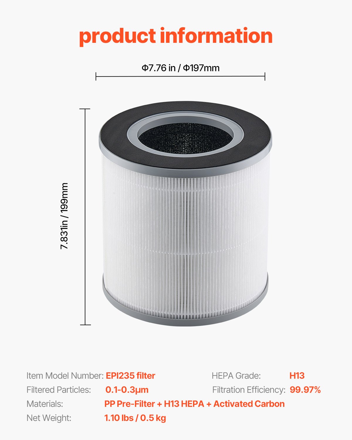 VEVOR Air Purifier Replacement Filter, H13, 3-in-1 Compact & Lightweight Replacement Filter with PP Pre-Filter, Easy-to-Grab Purifier Filter with Activated Carbon, Fit for Cylindrical Purifier