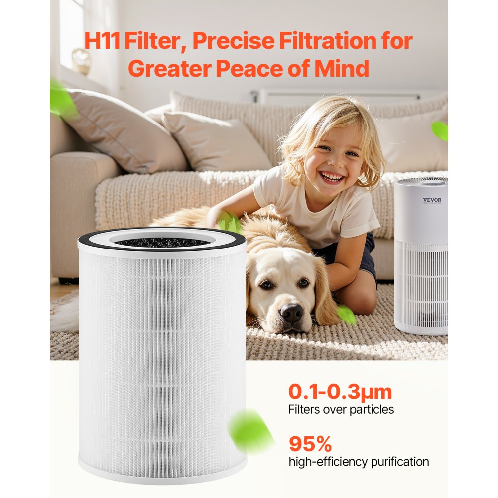VEVOR Air Purifier Replacement Filter, H11, 2-in-1 Compact & Lightweight Replacement Filter with PET Pre-Filter, Easy-to-Grab Purifier Filter with Non-Woven Fabric, Fit for Cylindrical Purifier