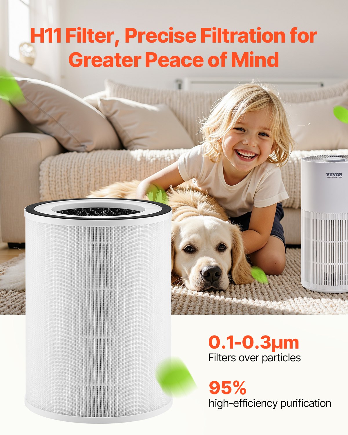 VEVOR Air Purifier Replacement Filter, H11, 2-in-1 Compact & Lightweight Replacement Filter with PET Pre-Filter, Easy-to-Grab Purifier Filter with Non-Woven Fabric, Fit for Cylindrical Purifier
