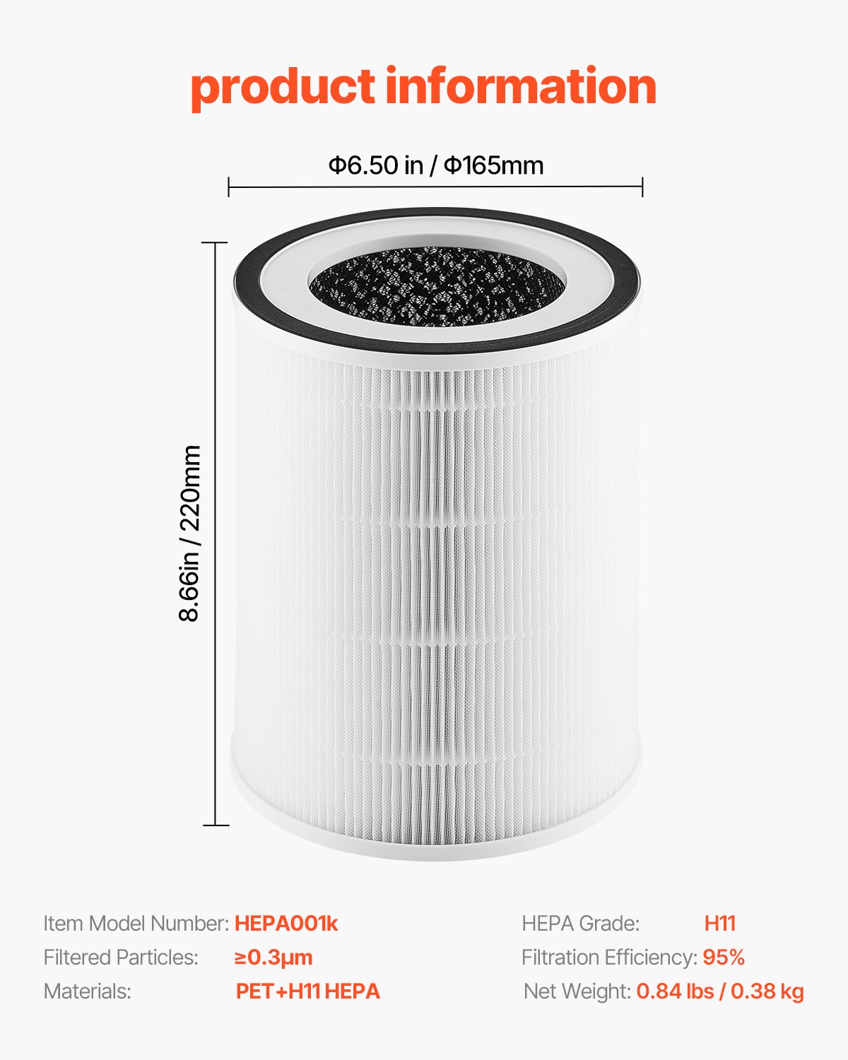 VEVOR Air Purifier Replacement Filter, H11, 2-in-1 Compact & Lightweight Replacement Filter with PET Pre-Filter, Easy-to-Grab Purifier Filter with Non-Woven Fabric, Fit for Cylindrical Purifier