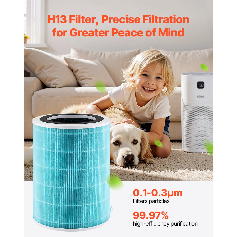 VEVOR Air Purifier Replacement Filter, H13, 3-in-1 Compact & Lightweight Replacement Filter with Sturdy PP Pre-Filter, Easy-to-Grab Purifier Filter with Activated Carbon, Fit for Cylindrical Purifier
