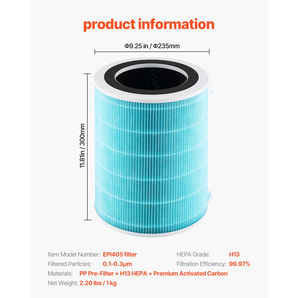VEVOR Air Purifier Replacement Filter, H13, 3-in-1 Compact & Lightweight Replacement Filter with Sturdy PP Pre-Filter, Easy-to-Grab Purifier Filter with Activated Carbon, Fit for Cylindrical Purifier