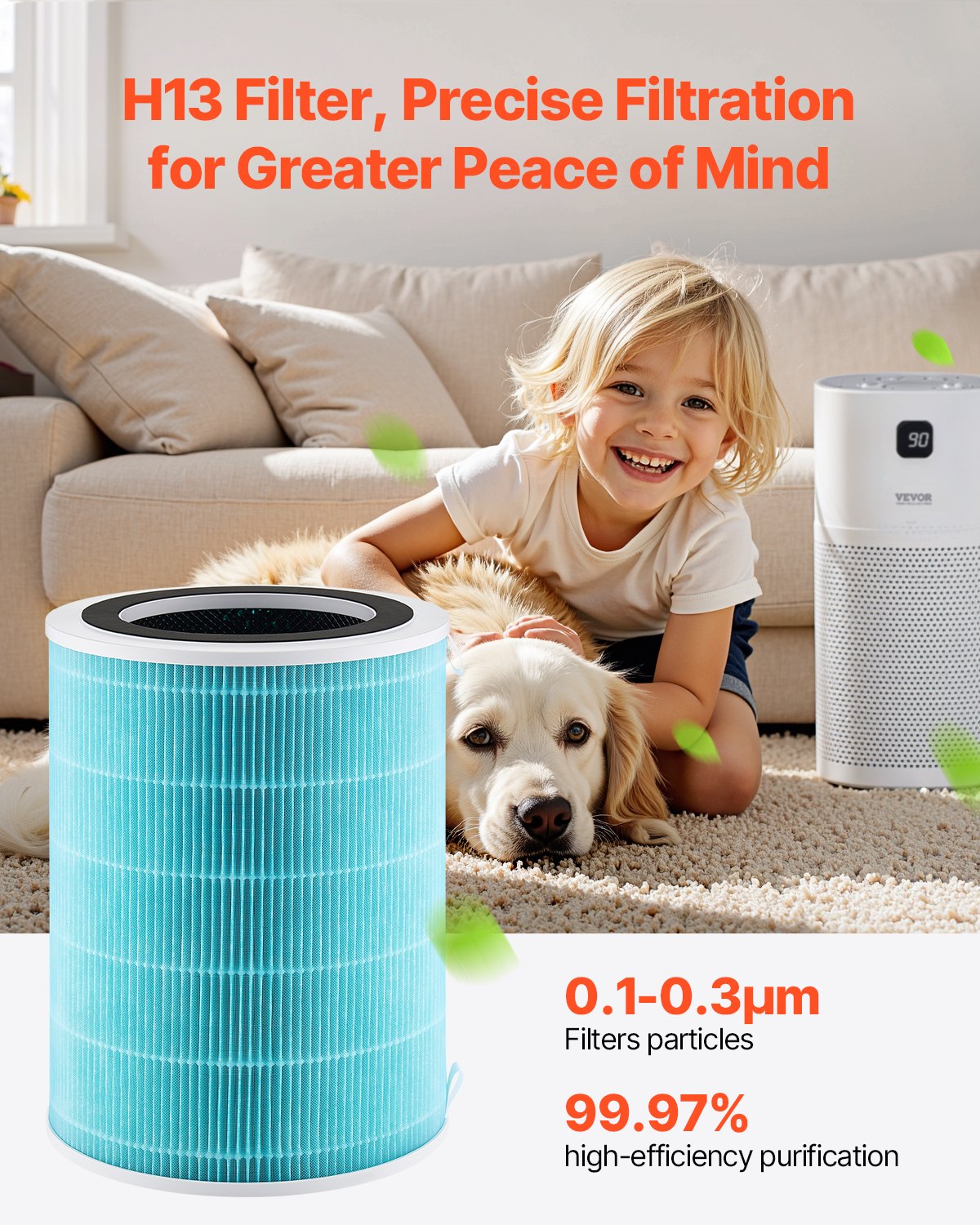 VEVOR Air Purifier Replacement Filter, H13, 3-in-1 Compact & Lightweight Replacement Filter with Sturdy PP Pre-Filter, Easy-to-Grab Purifier Filter with Activated Carbon, Fit for Cylindrical Purifier