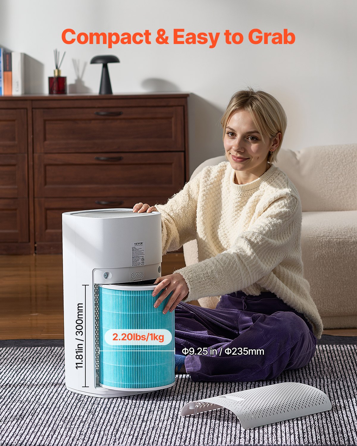 VEVOR Air Purifier Replacement Filter, H13, 3-in-1 Compact & Lightweight Replacement Filter with Sturdy PP Pre-Filter, Easy-to-Grab Purifier Filter with Activated Carbon, Fit for Cylindrical Purifier