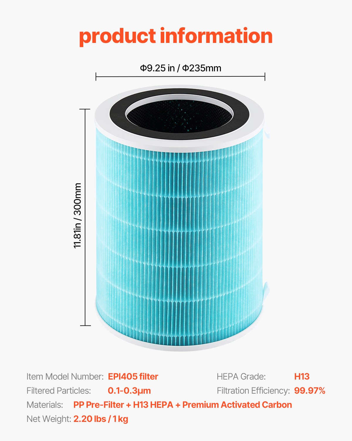 VEVOR Air Purifier Replacement Filter, H13, 3-in-1 Compact & Lightweight Replacement Filter with Sturdy PP Pre-Filter, Easy-to-Grab Purifier Filter with Activated Carbon, Fit for Cylindrical Purifier