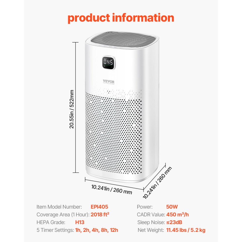 VEVOR Air Purifier, H13 HEPA Layer, 2018 ft²/h Smart Air Purifier with Speed Control & Child Lock Guard, Efficient Air Cleaner with Convenient Touch Panel & 23 dB Sleep Mode, Fit for Home & Office