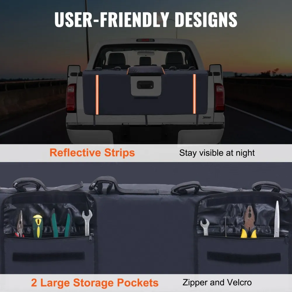 VEVOR tailgate pad with reflective strips for visibility, two large storage pockets for tools.