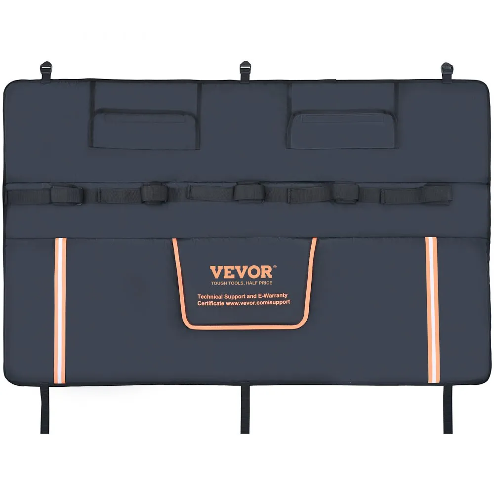 VEVOR tailgate pad with reflective orange stripes, securing straps, and a central pocket for technical support.