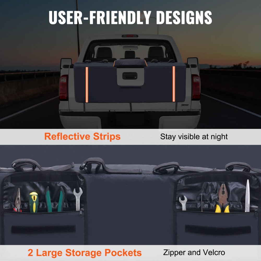 VEVOR Tailgate Bike Pad, 53" Truck Tailgate Pad Carry 5 Mountain Bikes, Tailgate Protection Pad with Reflective Strips and Tool Pockets, Tailgate Pad with Camera Opening for Mid-Size Pickup Trucks