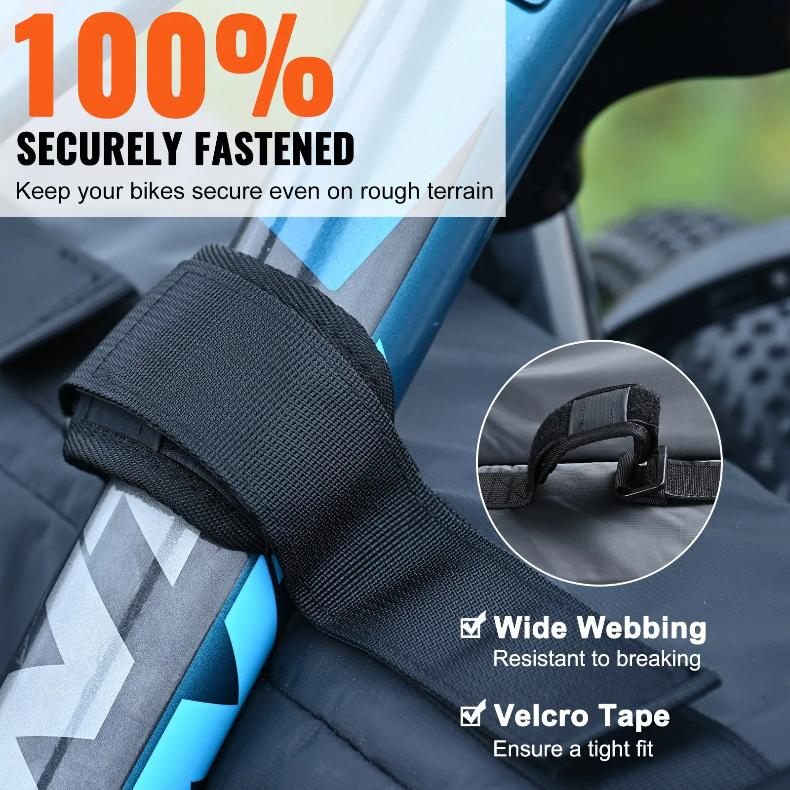 bike secured with wide webbing and velcro tape, showcasing VEVOR tailgate pad for rough terrain stability.