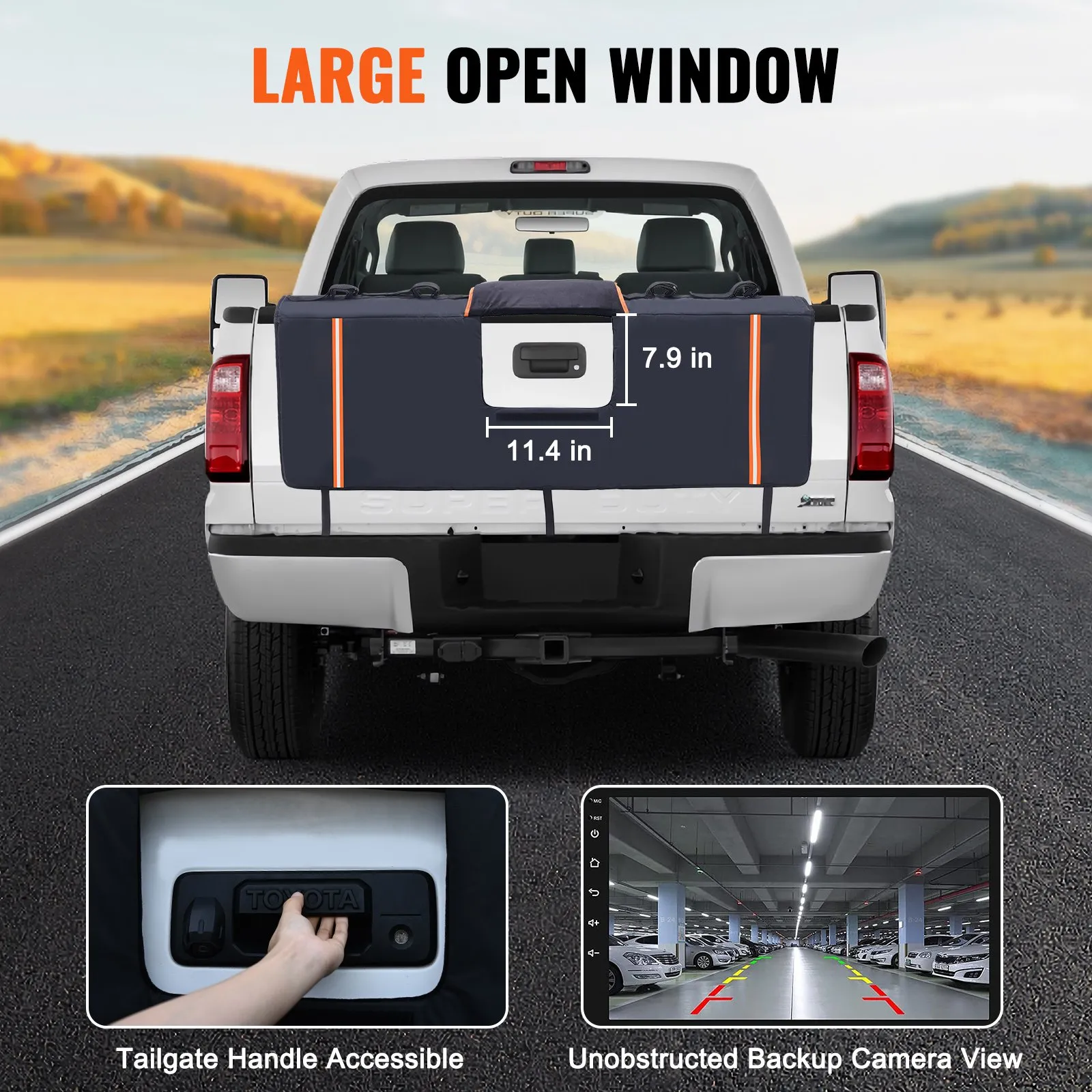 truck with VEVOR tailgate pad, large open window, accessible handle, and clear backup camera view.