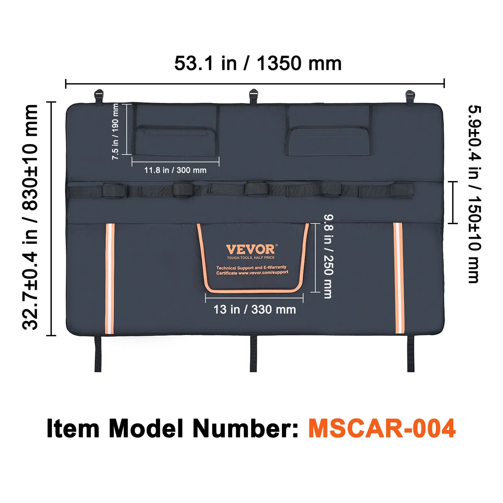 VEVOR tailgate pad with dimensions 53.1x32.7 inches, model mscar-004, multiple pockets and compartments.