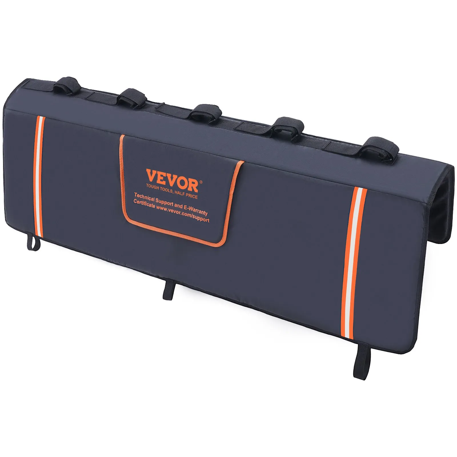 VEVOR tailgate pad in black with orange stripes and logos, featuring adjustable straps for secure attachment.