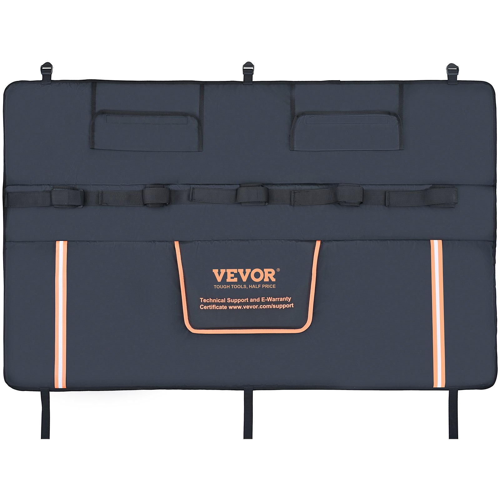 VEVOR tailgate pad with reflective orange stripes, securing straps, and a central pocket for technical support.