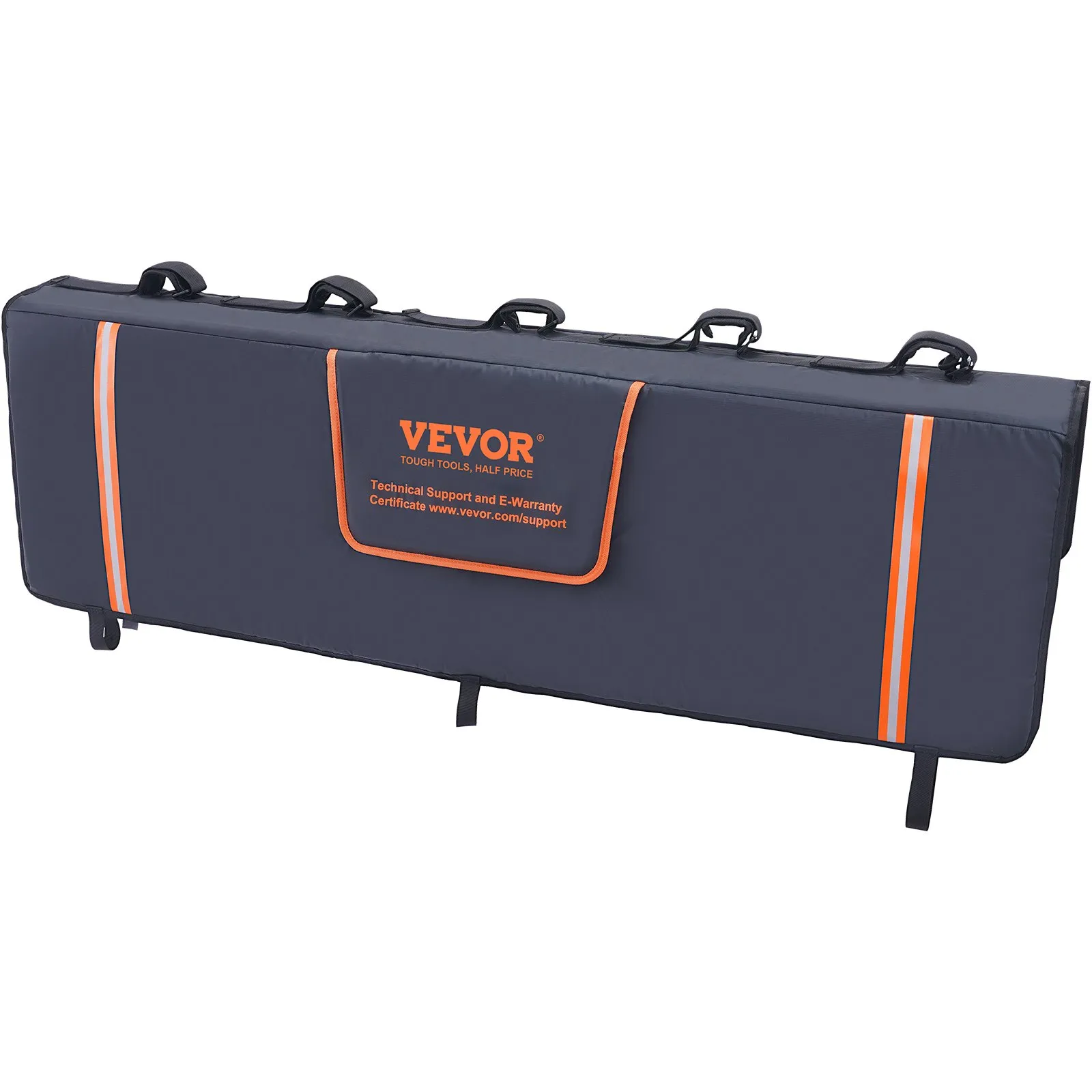VEVOR tailgate pad with black padding, orange stripes, and multiple straps for securing equipment.