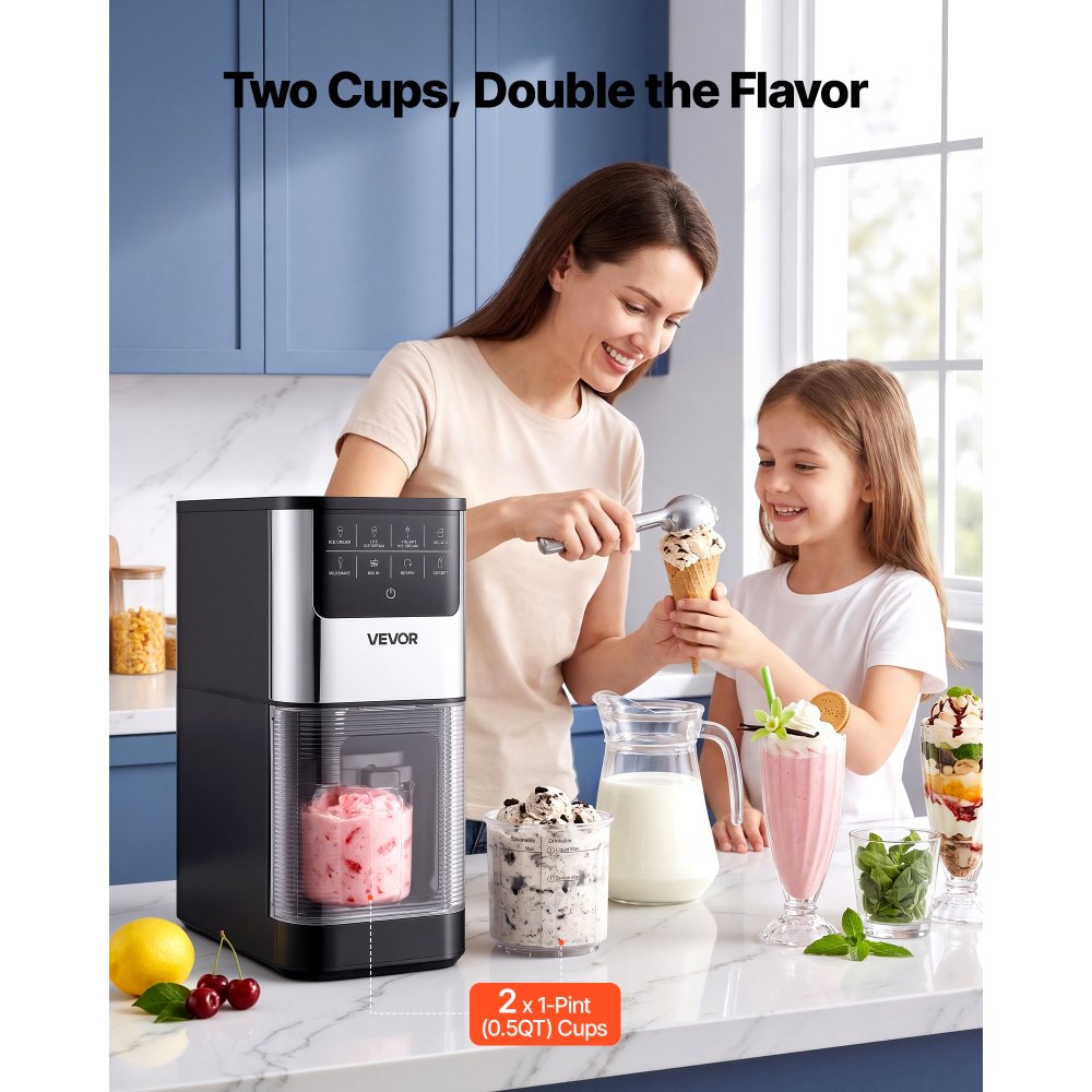 VEVOR Ice Cream Maker, 7-in-1 Frozen Treat Maker for Gelato, Sorbet, Milkshake, Frozen Yogurt & Lite Ice Cream, Homemade Ice-Cream Machine with One-Touch Mix-in + Respin for Smooth, Creamy Texture