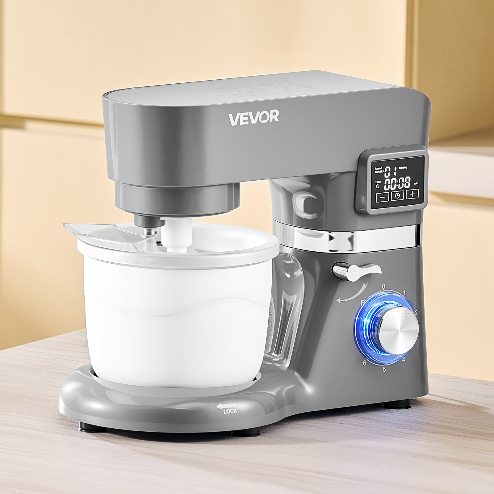 VEVOR Ice Cream Maker, 1.7 L Capacity, 6-Speed Electric Stand Mixer, with LED Digital Display & Timer, Mixing Paddle, Dough Hook, Splash Guard, for Homemade Frozen Yogurt Fruit Sorbet Gelato, Grey