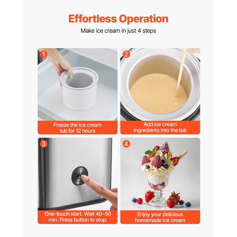 VEVOR Ice Cream Maker, 2.11 Qt. Large Capacity, Electric Automatic Ice-Cream Machine, with Easy Operation & Cleaning, Stainless Steel Shell, for Homemade Frozen Yogurt, Fruit Sorbet, Gelato, Silver