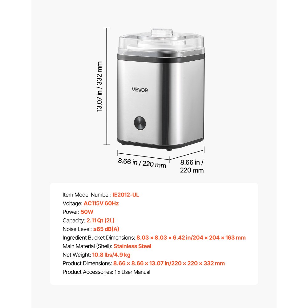 VEVOR Ice Cream Maker, 2.11 Qt. Large Capacity, Electric Automatic Ice-Cream Machine, with Easy Operation & Cleaning, Stainless Steel Shell, for Homemade Frozen Yogurt, Fruit Sorbet, Gelato, Silver