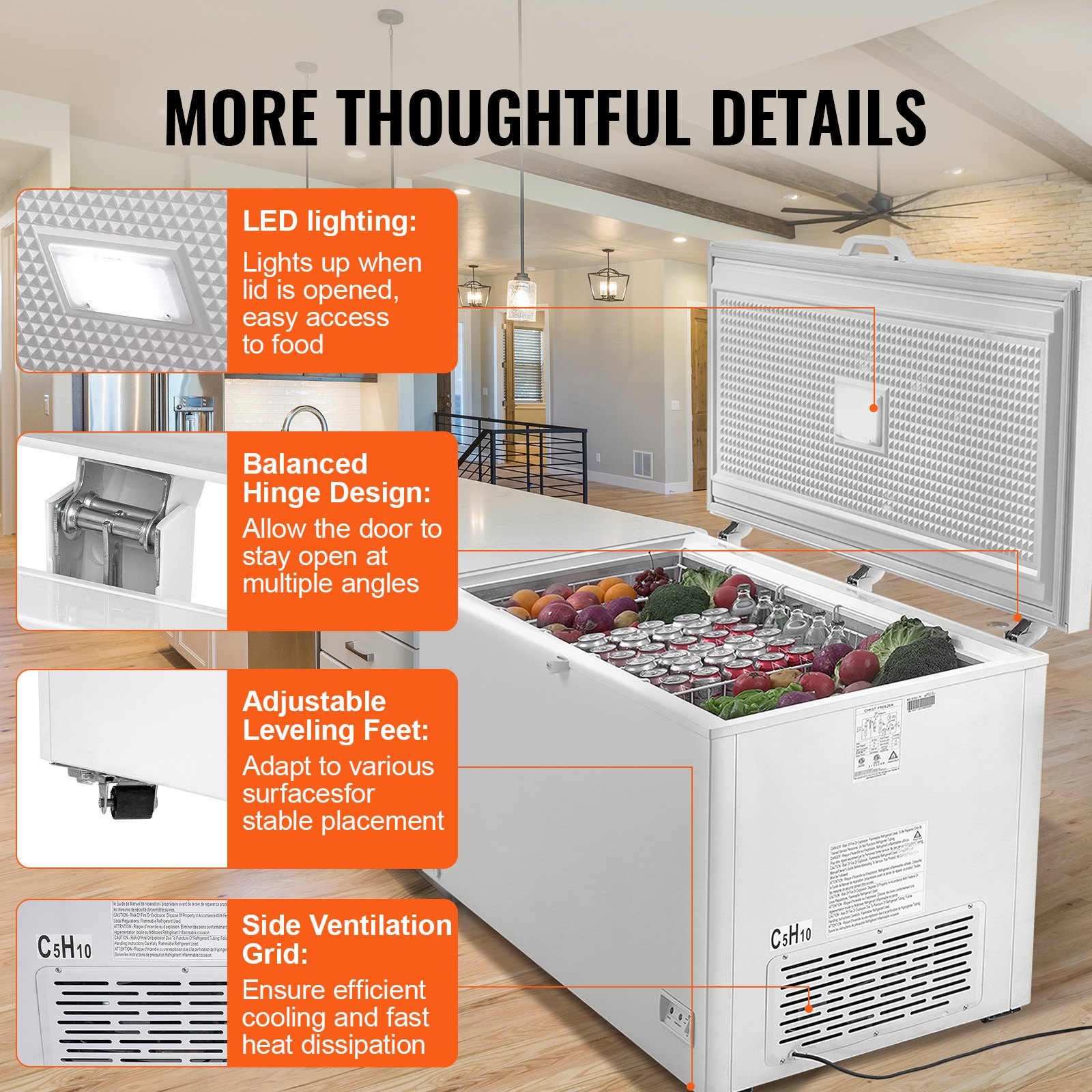 VEVOR Chest Freezer, 17.2 cu.ft / 488 L Large Deep Freezer & 4 Removable Baskets, Freestanding Top Open Door Commercial Chest Freezers with Locking Lid, 7-Level Adjustable Temp, LED Lighting, 6 Wheels