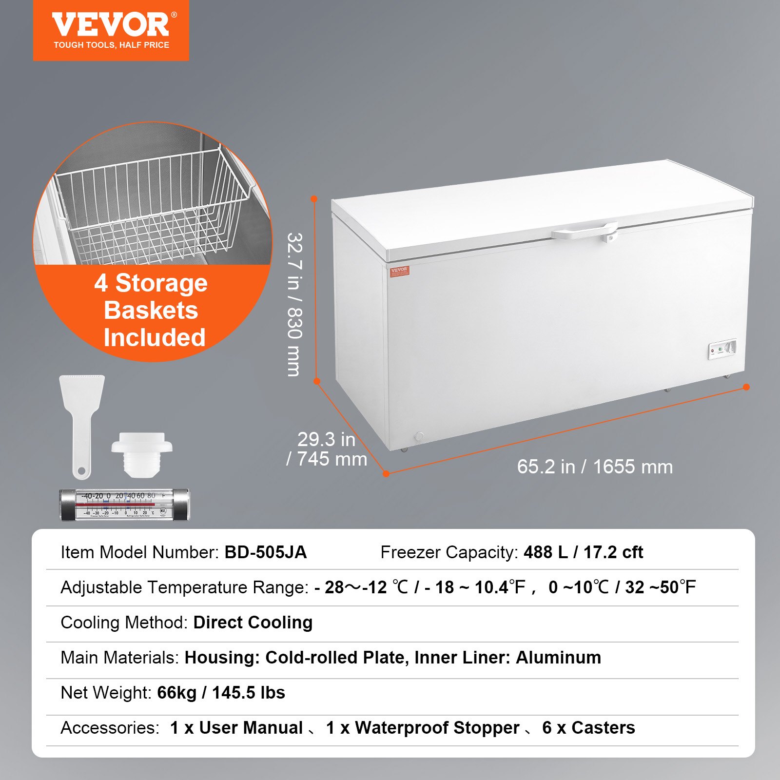 VEVOR Chest Freezer, 17.2 cu.ft / 488 L Large Deep Freezer & 4 Removable Baskets, Freestanding Top Open Door Commercial Chest Freezers with Locking Lid, 7-Level Adjustable Temp, LED Lighting, 6 Wheels