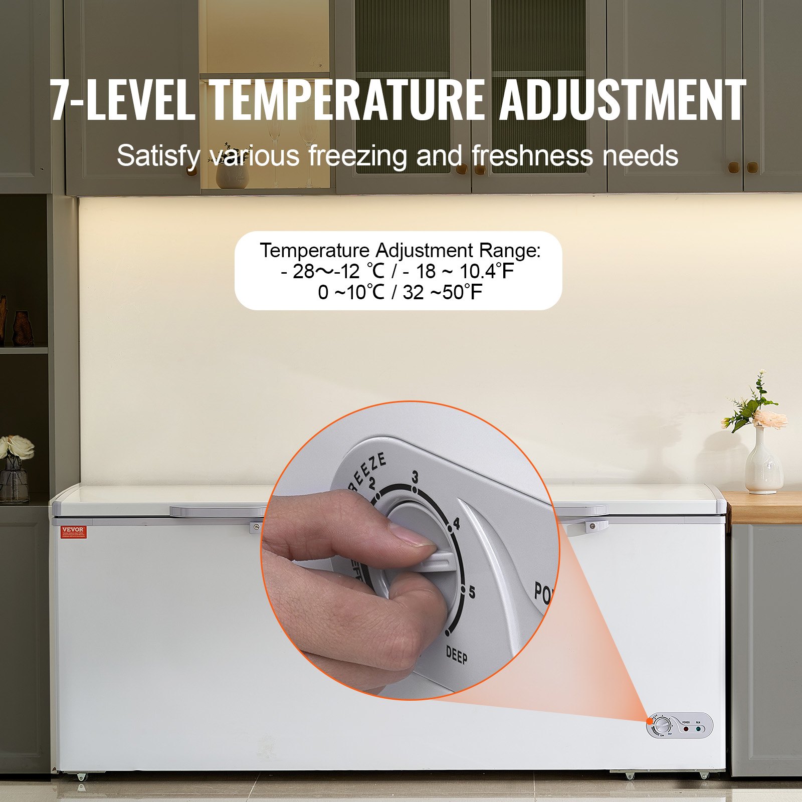 VEVOR Chest Freezer, 19.8 cu.ft / 561 L Large Deep Freezer with Split Top Double Locking Lids, Freestanding Commercial Chest Freezer & 4 Removable Baskets, 7-Level Adjustable Temp, LED Light, 6 Wheels