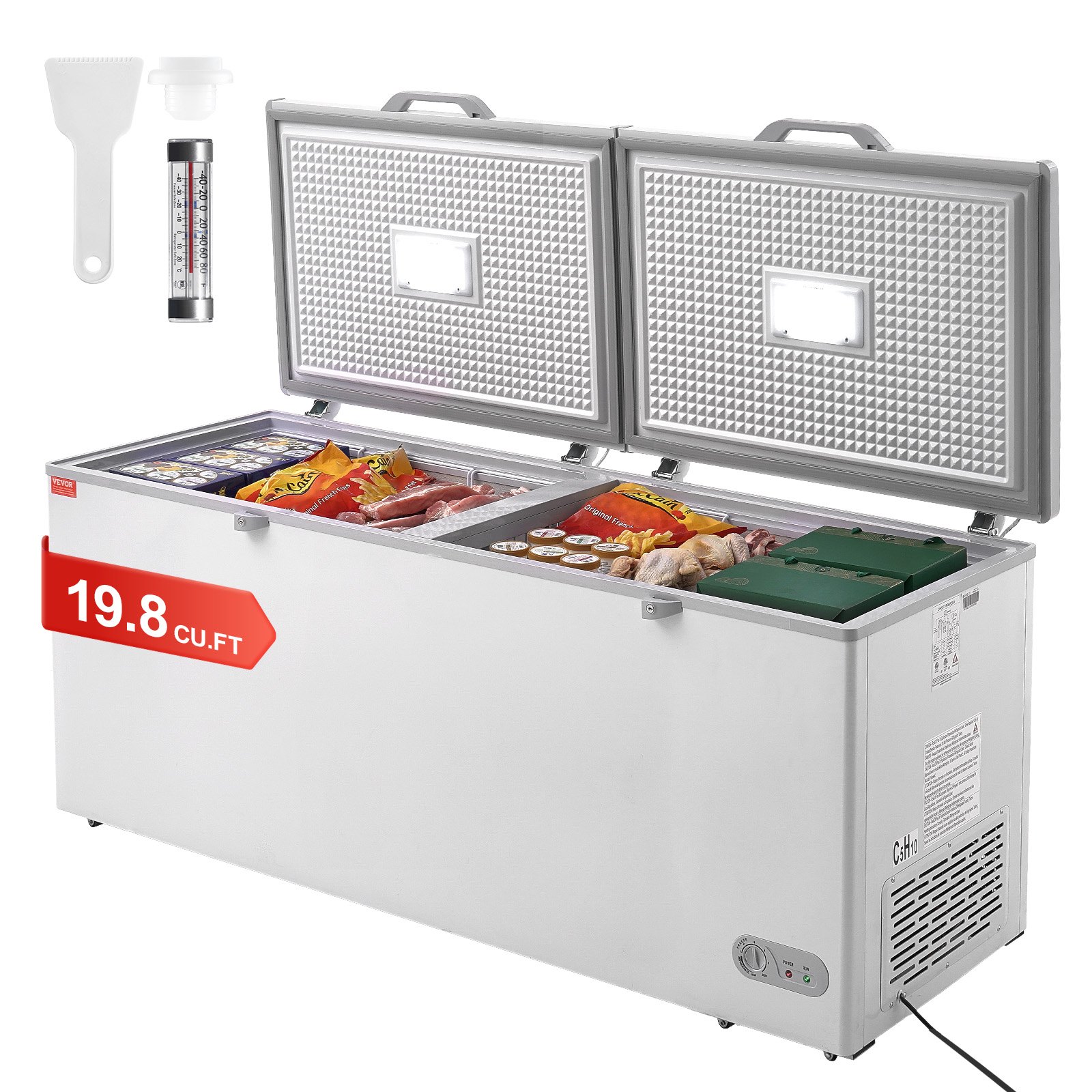 VEVOR Chest Freezer, 19.8 cu.ft / 561 L Large Deep Freezer with Split Top Double Locking Lids, Freestanding Commercial Chest Freezer & 4 Removable Baskets, 7-Level Adjustable Temp, LED Light, 6 Wheels