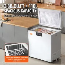 VEVOR Chest Freezer, 3.88 Cu.ft / 110 L Compact Deep Freezer, Free Standing Top Open Door Compact Freezers with 2 Removable Baskets & Adjustable Thermostat, Energy Saving & Low Noise, White