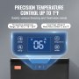 Congelador horizontal VEVOR con pantalla de control de temperatura de precisión, que muestra configuraciones de rango de -28 a 50 °F.