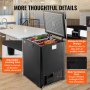 VEVOR chest freezer open in modern kitchen, showcasing food storage, hinge design, leveling feet, and ventilation grid.