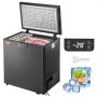 VEVOR chest freezer 3.88 cu. ft. with lid open displaying meat and ice cream containers.