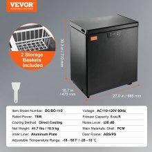 VEVOR Chest Freezer, 3.88 Cu.ft / 110 L Compact Deep Freezer, Free Standing Top Open Door Compact Freezers with 2 Removable Baskets & Adjustable Thermostat, Energy Saving & Low Noise, Black